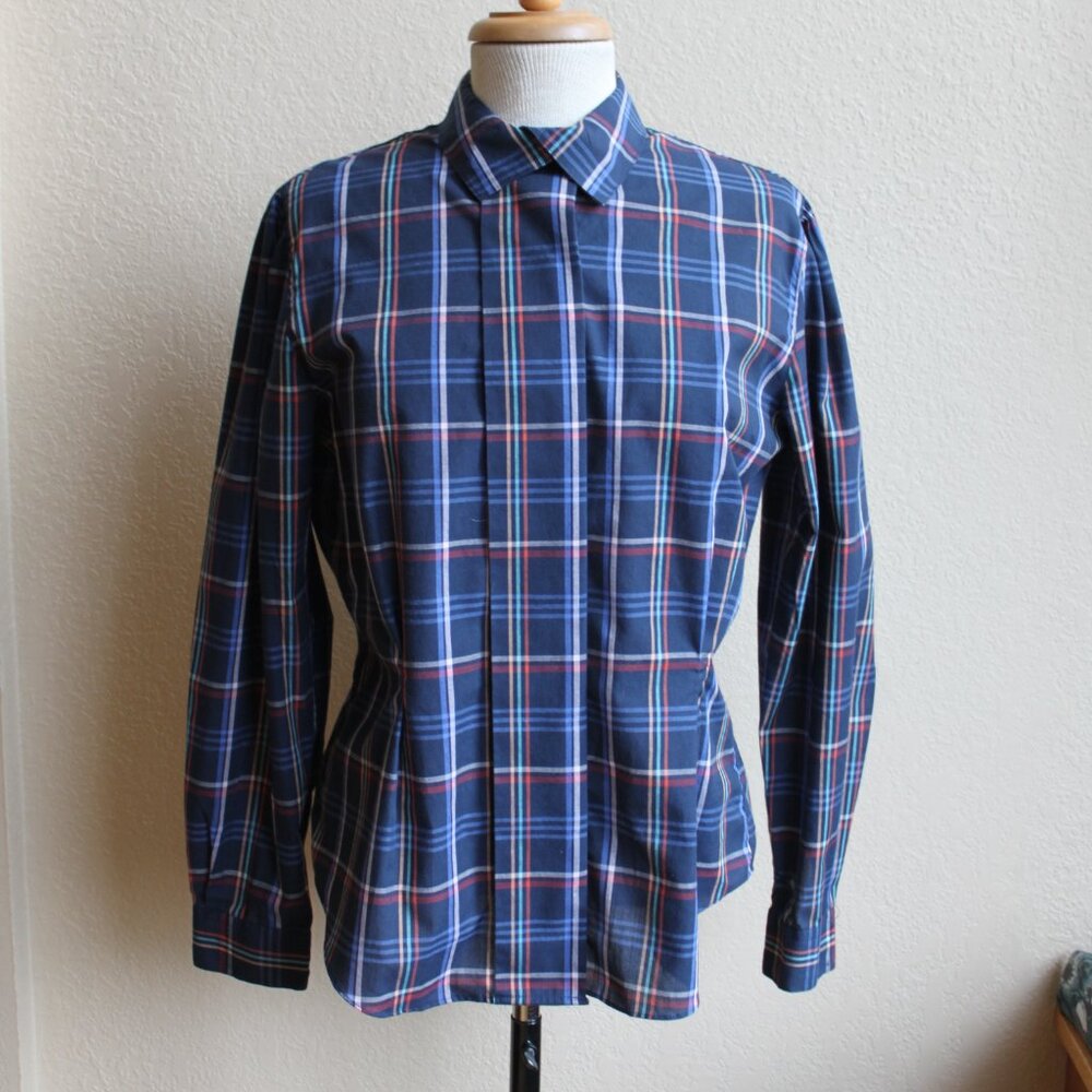 Vintage 80's Townhouse Plaid FittedPuff SLeeve Blouse 10